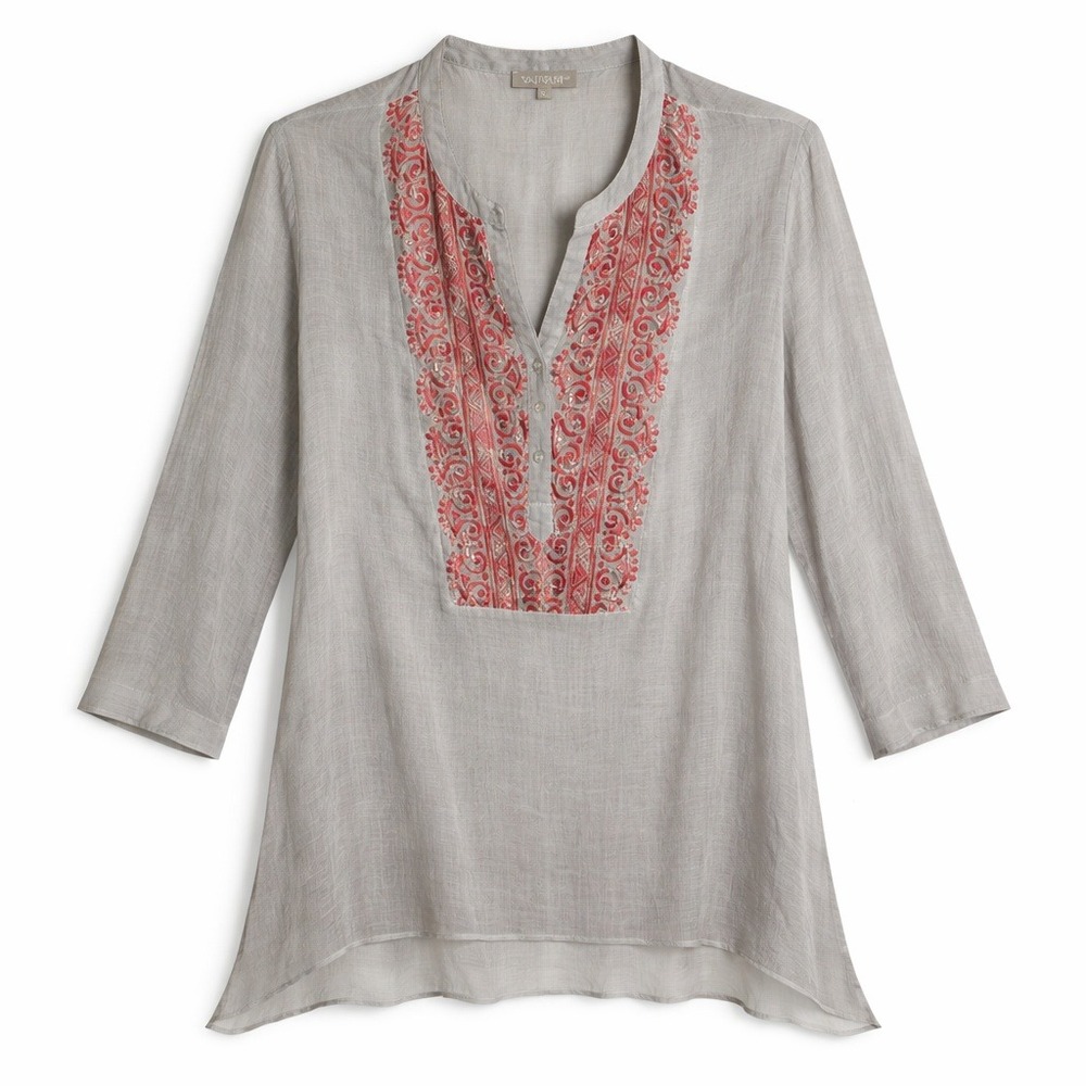 YAUVAN Womens Size XL Gray Embroidered V-Neck Tunic Lagonlook Blouse